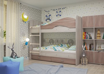 Детская двухэтажная кровать Мая с 2 ящиками на щитах, корпус Шимо светлый, фасад Шимо темный в Петрозаводске - предосмотр