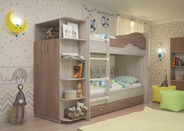 Двухэтажная детская кровать Мая на щитах со шкафом и ящиками, корпус Шимо светлый, фасад Шимо темный в Петрозаводске