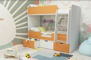 Детская двухэтажная кровать Ярофф Малыш двойняшка 70х160, корпус Белое дерево, фасад Оранжевый в Петрозаводске