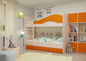 Двухъярусная детская кровать Мая на щитах, корпус Млечный дуб, фасад Оранжевый в Петрозаводске - предосмотр 1