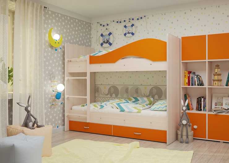 Двухъярусная детская кровать Мая на щитах, корпус Млечный дуб, фасад Оранжевый в Петрозаводске - изображение 1