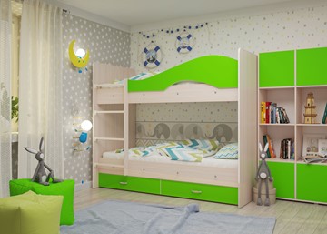 Детская 2-этажная кровать Мая с 2 ящиками на щитах, корпус Млечный дуб, фасад Салатовый в Петрозаводске - предосмотр 1