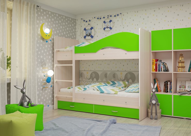 Детская 2-этажная кровать Мая с 2 ящиками на щитах, корпус Млечный дуб, фасад Салатовый в Петрозаводске - изображение 1