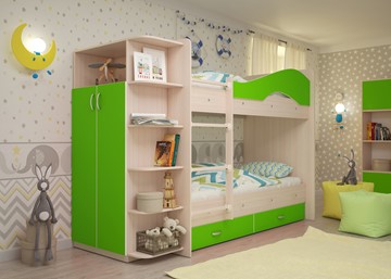 Детская 2-этажная кровать Мая с 2 ящиками на щитах, корпус Млечный дуб, фасад Салатовый в Петрозаводске - предосмотр 2