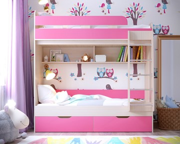 Детская двухэтажная кровать Юниор-5, каркас Дуб, фасад Розовый в Петрозаводске - предосмотр