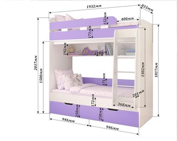 Детская двухэтажная кровать Юниор-5, каркас Дуб, фасад Розовый в Петрозаводске - предосмотр 1