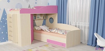 Детская кровать для девочки Кадет-2 с металлической лестницей, корпус Дуб, фасад Розовый в Петрозаводске