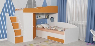 Кровать-чердак в детскую Кадет-2 с универсальной лестницей, корпус Белое дерево, фасад Оранжевый в Петрозаводске