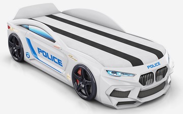 Кровать-машина Romeo-М Police + подсветка фар, ящик, матрас, Белый в Петрозаводске