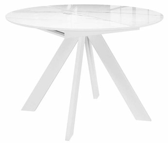 Стеклянный обеденный стол раздвижной DikLine SFC110 d1100 стекло Оптивайт Белый мрамор/подстолье белое/опоры белые в Петрозаводске