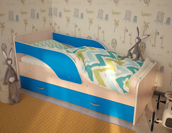 Кровать с бортиками Максимка, корпус Млечный дуб, фасад Синий в Петрозаводске - изображение