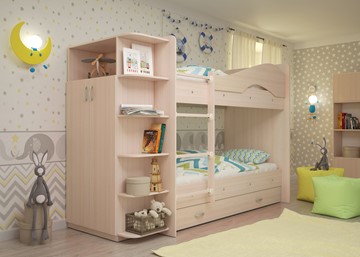 Детская 2-этажная кровать Мая на щитах со шкафом и ящиками, цвет Млечный дуб в Петрозаводске - предосмотр