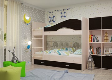 Детская  двухъярусная кровать Мая с 2 ящиками на щитах, корпус Млечный дуб, фасад Венге в Петрозаводске - предосмотр 1