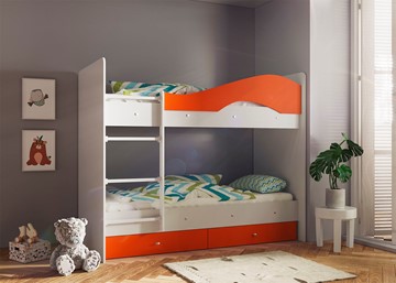 Двухъярусная кровать Мая с 2 ящиками на щитах, корпус Млечный дуб, фасад Оранжевый в Петрозаводске - предосмотр
