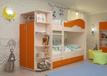 Двухъярусная кровать Мая с 2 ящиками на щитах, корпус Млечный дуб, фасад Оранжевый в Петрозаводске - предосмотр 1