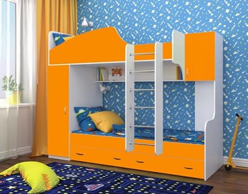Детская 2-этажная кровать Юниор-2, каркас Белое дерево, фасад Оранжевый в Петрозаводске - предосмотр