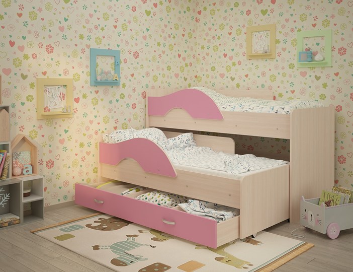 Двухъярусная кровать Радуга 1.6 с ящиком, корпус Млечный дуб, фасад Розовый в Петрозаводске - изображение 1