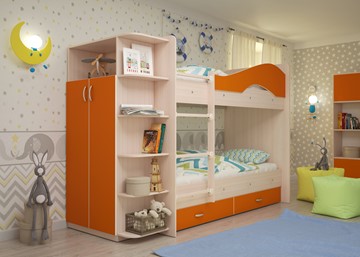 Детская 2-х ярусная кровать Мая на щитах со шкафом и ящиками, корпус Млечный дуб, фасад Оранжевый в Петрозаводске - предосмотр