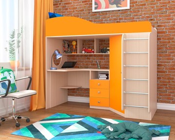 Детская кровать-чердак Кадет-1 с металлической лестницей, корпус Дуб, фасад Оранжевый в Петрозаводске - предосмотр