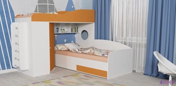 Детская кровать-чердак Кадет-2 с металлической лестницей, корпус Белое дерево, фасад Оранжевый в Петрозаводске - предосмотр