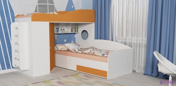 Детская кровать-чердак Кадет-2 с металлической лестницей, корпус Белое дерево, фасад Оранжевый в Петрозаводске - изображение