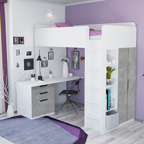 Кровать 2-х ярусная с письменным столом и шкафом POLINI Kids Simple Белый / Бетон в Петрозаводске - предосмотр 1