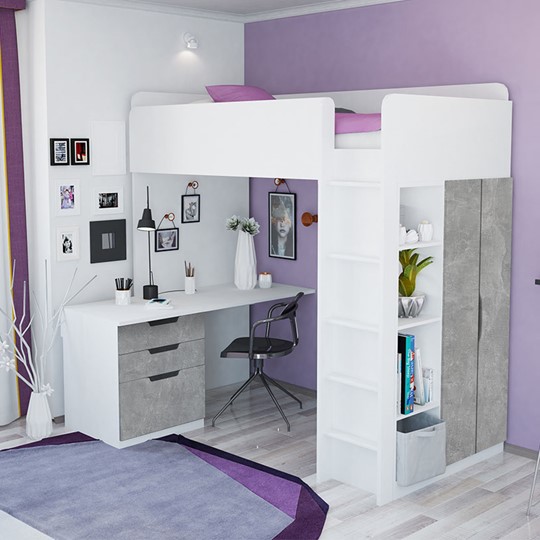 Кровать 2-х ярусная с письменным столом и шкафом POLINI Kids Simple Белый / Бетон в Петрозаводске - изображение 1