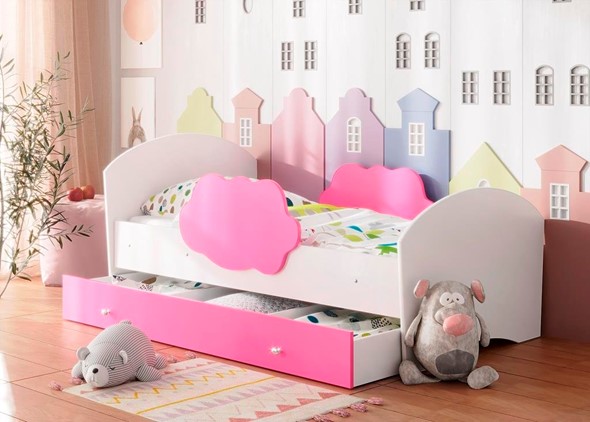 Кровать детская Тучка с ящиком, корпус Белый, фасад Розовый в Петрозаводске - изображение