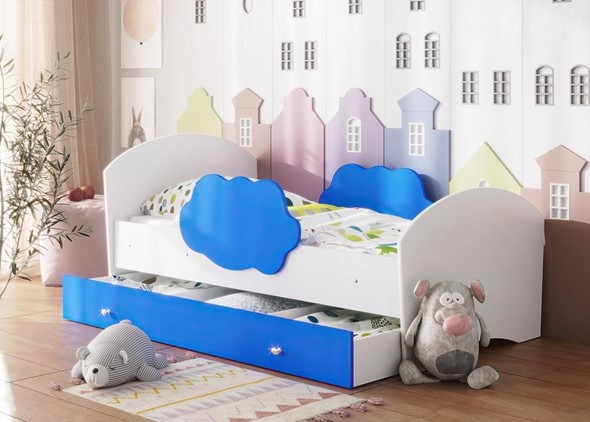 Детская кровать Тучка с ящиком, корпус Белый, фасад Синий в Петрозаводске - изображение