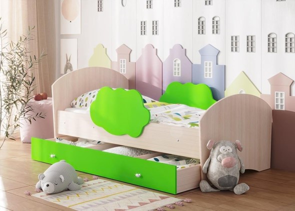 Детская кровать с бортиками Тучка с ящиком, корпус Дуб млечный, фасад Лайм в Петрозаводске - изображение