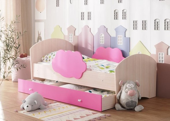 Кровать детская Тучка с ящиком, корпус Дуб млечный, фасад Розовый в Петрозаводске - изображение