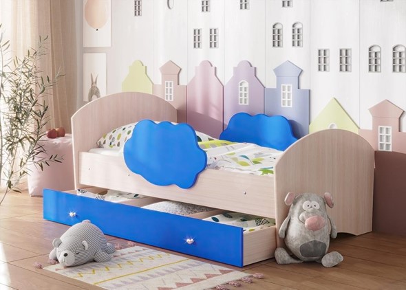Детская кровать Тучка с ящиком, корпус Дуб млечный, фасад Синий в Петрозаводске - изображение
