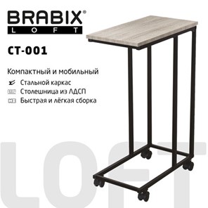 Журнальный стол BRABIX "LOFT CT-001", 450х250х680 мм, на колёсах, металлический каркас, цвет дуб антик, 641860 в Петрозаводске