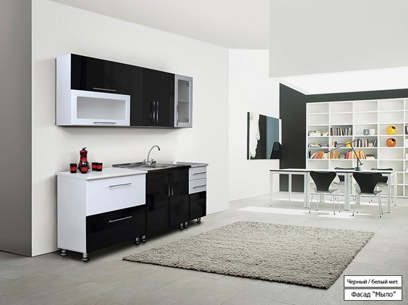 Кухонный гарнитур Мыло 224 2000х718, цвет Черный/Белый металлик в Петрозаводске - изображение