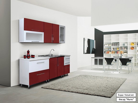 Модульный кухонный гарнитур Мыло 224 2000х718, цвет Бордо/Белый металлик в Петрозаводске - изображение