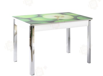 Кухонный стол раскладной Айсберг-02 СТФ, белое лдсп/зеленые яблоки/ноги хром квадратные в Петрозаводске - предосмотр