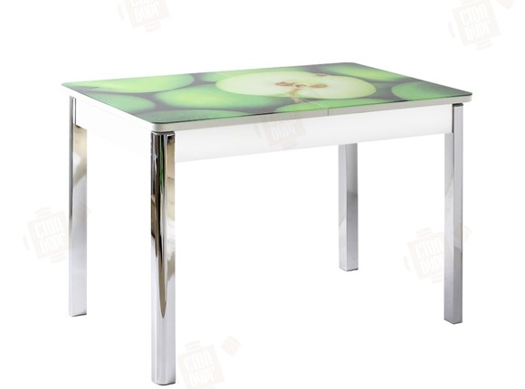 Кухонный стол раскладной Айсберг-02 СТФ, белое лдсп/зеленые яблоки/ноги хром квадратные в Петрозаводске - изображение