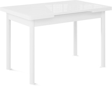 Кухонный раздвижной стол Милан-1 EVO, ноги металлические белые, стекло белое/серый в Петрозаводске - предосмотр