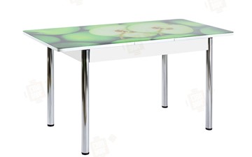 Кухонный стол раскладной Айсберг-01 СТФ, белый/фотопечать зеленые яблоки/ноги хром круглые в Петрозаводске