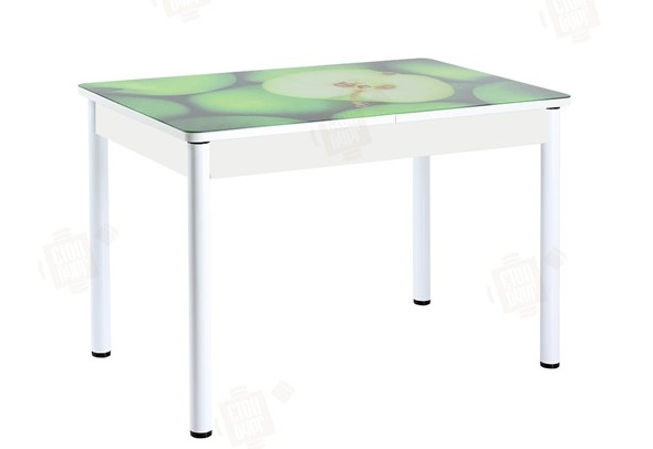 Обеденный раздвижной стол Айсберг-01 СТФ, белый/фотопечать зеленые яблоки/ноги крашеные в Петрозаводске - изображение
