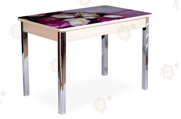 Кухонный стол раскладной Айсберг-01 СТФ, дуб/фотопечать пионы/ноги хром квадратные в Петрозаводске - изображение