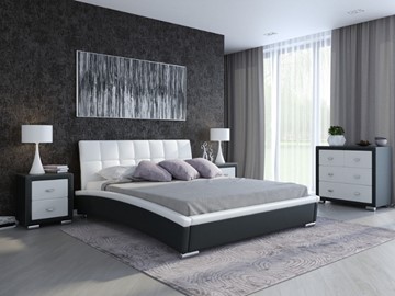 Двуспальная кровать Corso-1L 140x200, Экокожа (Черный с белым) в Петрозаводске