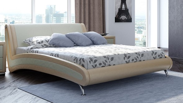 Кровать в спальню Corso-2 140х200, Экокожа (Бежевый + молочный перламутр) в Петрозаводске - изображение