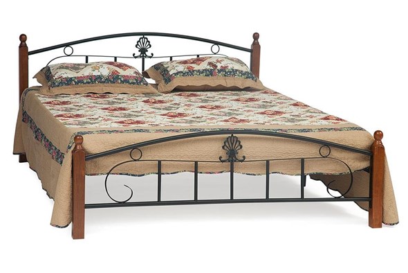 Кровать с основанием РУМБА (AT-203)/ RUMBA дерево гевея/металл, 160*200 см (Queen bed), красный дуб/черный в Петрозаводске - изображение