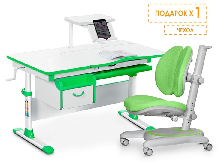 Комплект растущая парта + стул Mealux EVO Evo-40 Z (арт. Evo-40 Z + Y-115 KZ) / (стол+полка+кресло+чехол), белый, зеленый в Петрозаводске - изображение 1